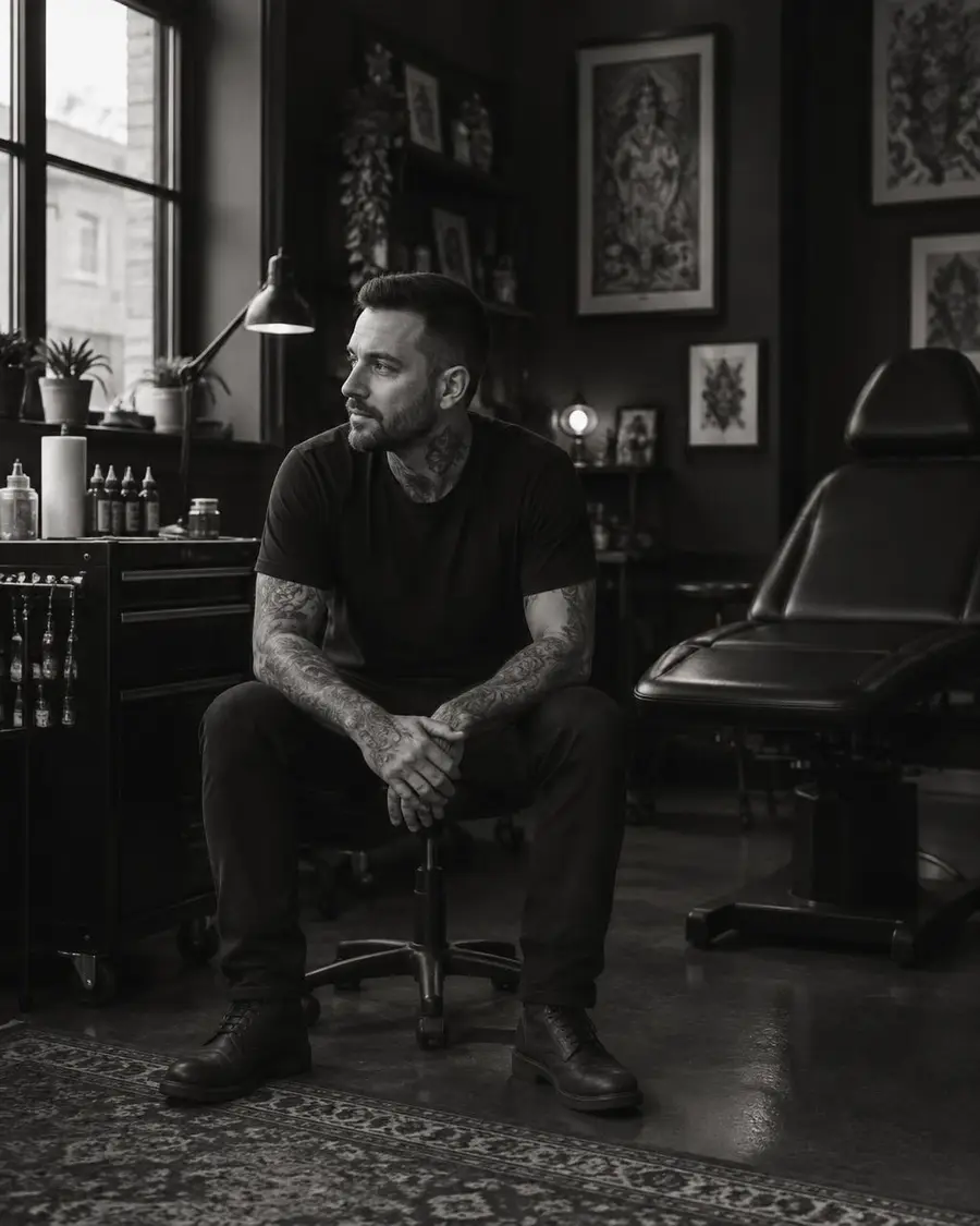 Dante Vellari sentado em seu estúdio de tatuagem