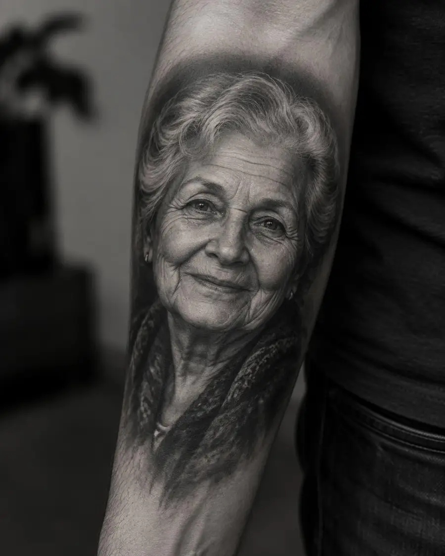 Tatuagem realista em preto e cinza de um retrato de senhora no antebraço
