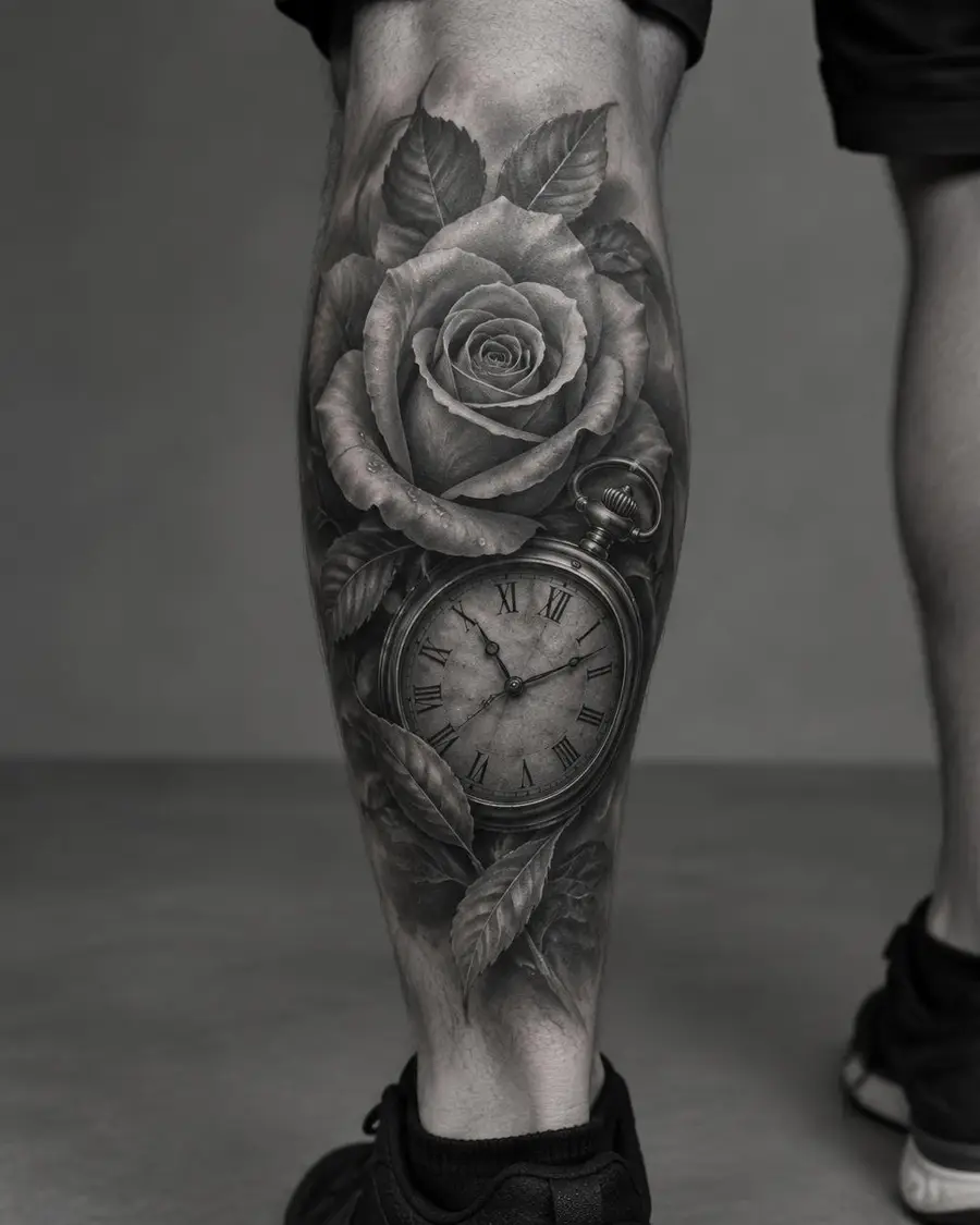 Tatuagem realista de rosa e relógio de bolso na panturrilha